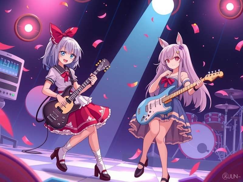 The main band of Girls Band Cry performing live on a neon-lit stage