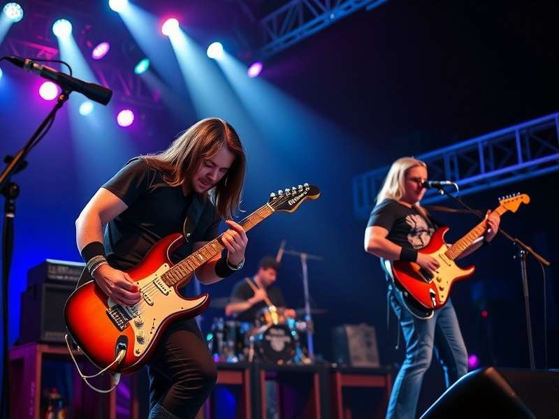 Electric guitar and drum kit stage setup for a rock band performance