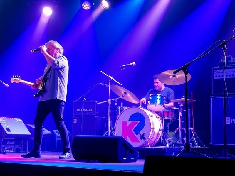 A dynamic in-game screenshot of the Blue Band performance interface, showing guitar and drum note charts.