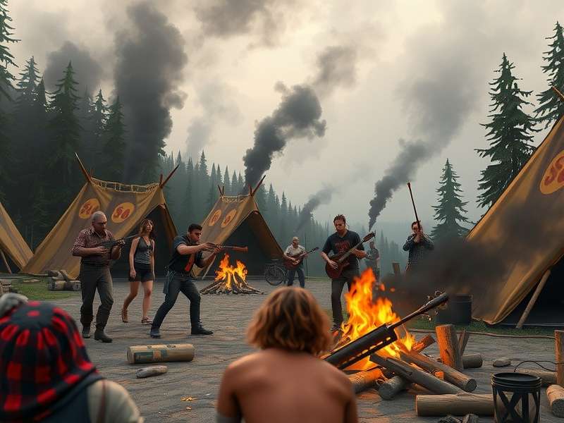 A sprawling in-game Bandit Camp at dusk, showing makeshift tents, watchtowers, and scattered loot chests.