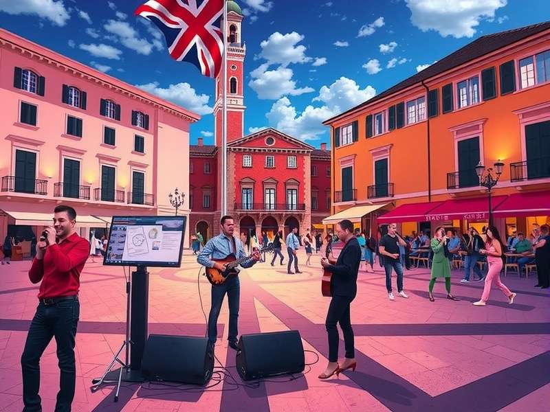 Vibrant live music performance in a sunlit piazza with a crowd