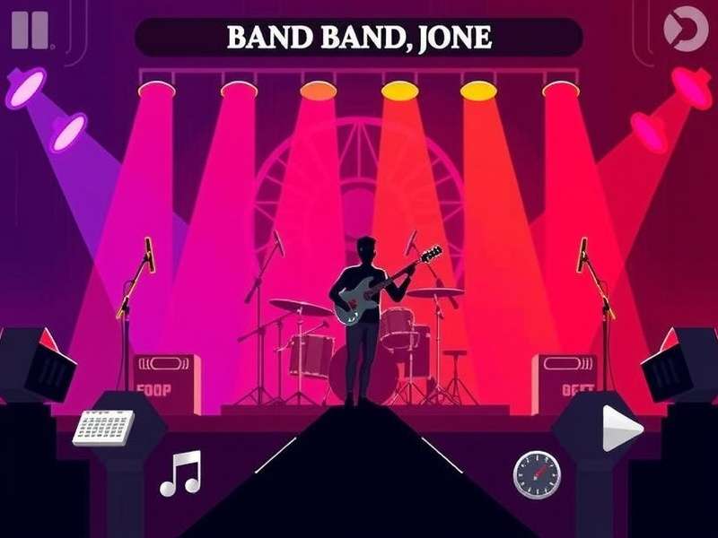 A vibrant band performing on stage with colourful lights