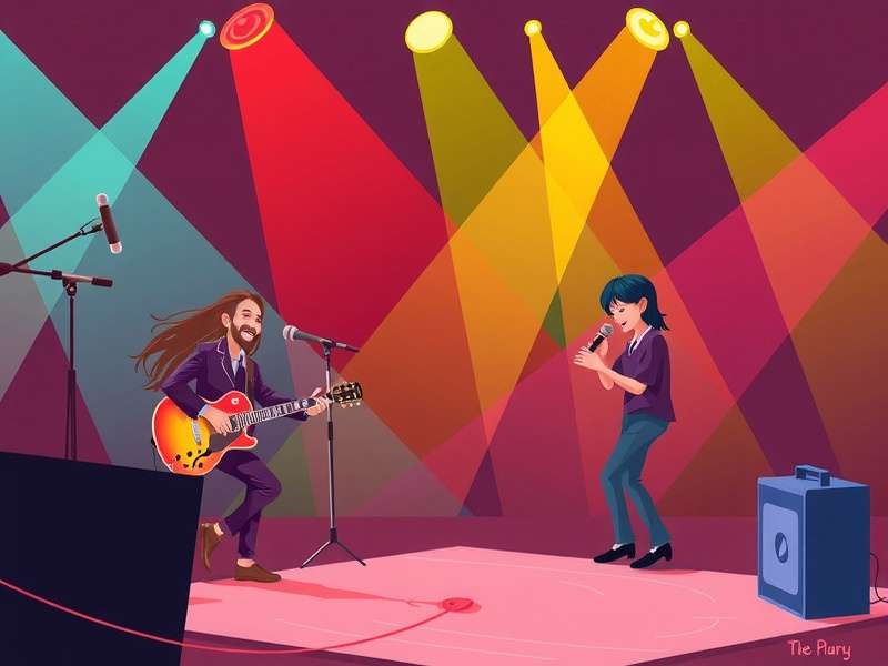 A vibrant, modern radio studio interface themed around the Band game, with mixing decks and game visuals.