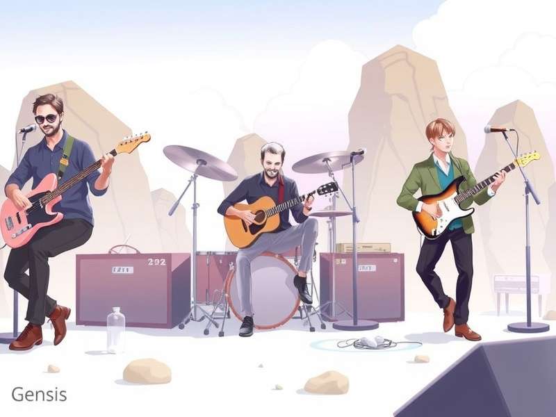 Genesis band members Peter Gabriel, Tony Banks, Mike Rutherford, Phil Collins, and Steve Hackett posing in a surreal landscape