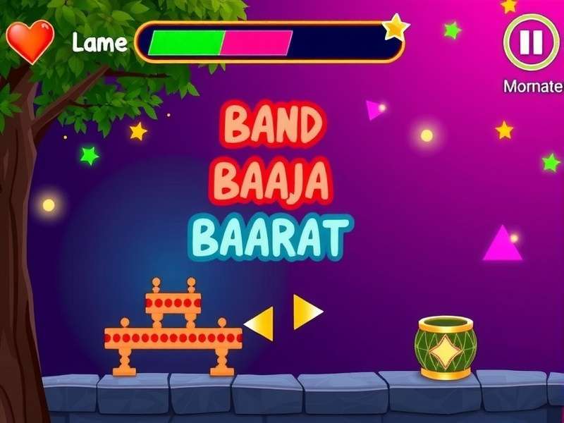 A vibrant Indian wedding scene with decorations, guests, and a stage, representing the core of Band Baaja Baaraat gameplay.