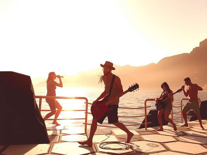 Sublime Band gameplay screenshot showing a virtual band performing on stage