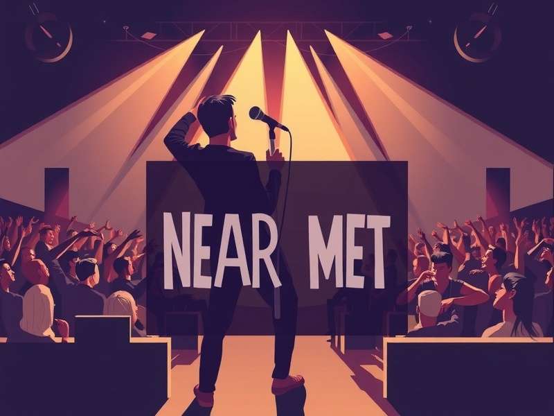 A dynamic crowd at an indoor rock concert with colourful stage lighting