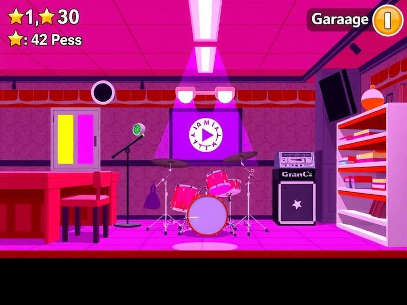 A dynamic virtual band performing in Garage Band game with glowing instruments and vibrant stage lights