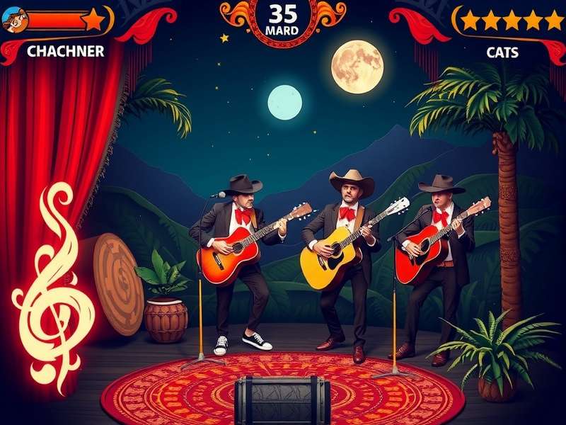 A traditional mariachi band performing on stage with trumpets, violins, and guitars under warm amber lights.