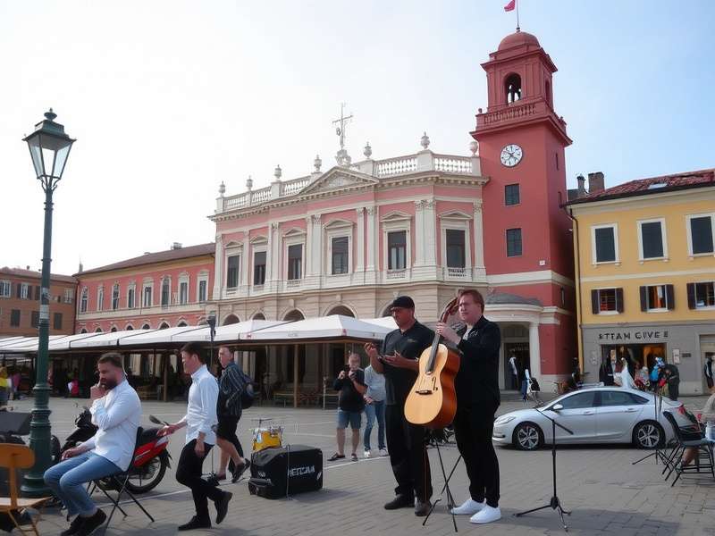 Live band performing in a historic Italian piazza at dusk with crowd gathered