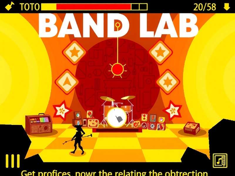 Band Lab - British band management simulation game interface showing a band performing on stage