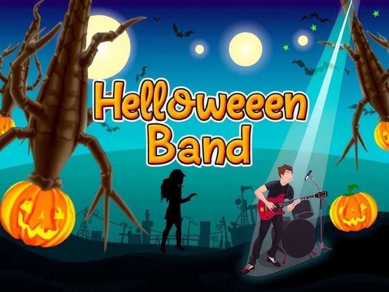 Helloween Band group photo with pumpkin masks and instruments on stage