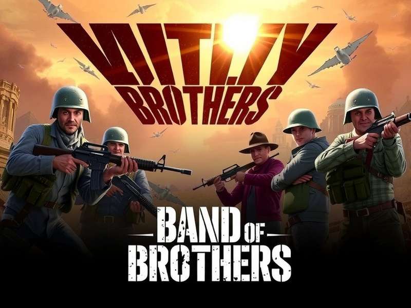 Band Of Brothers game — squad standing together on a battlefield at dusk, rifles ready.